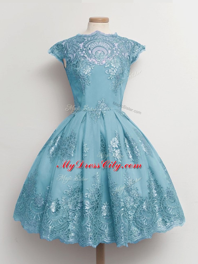 Custom Fit Aqua Blue Cap Sleeves Tulle Lace Up Bridesmaids Dress for Prom and Party and Wedding Party