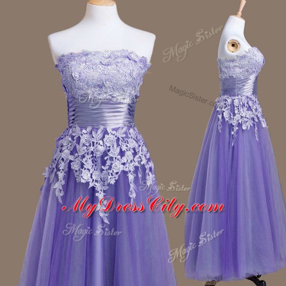 Lavender Bridesmaids Dress Prom and Party and Wedding Party with Appliques Strapless Sleeveless Lace Up