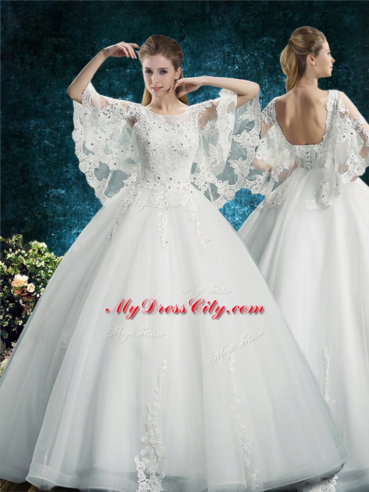 White Lace Up Scoop Lace Bridal Gown Tulle Half Sleeves