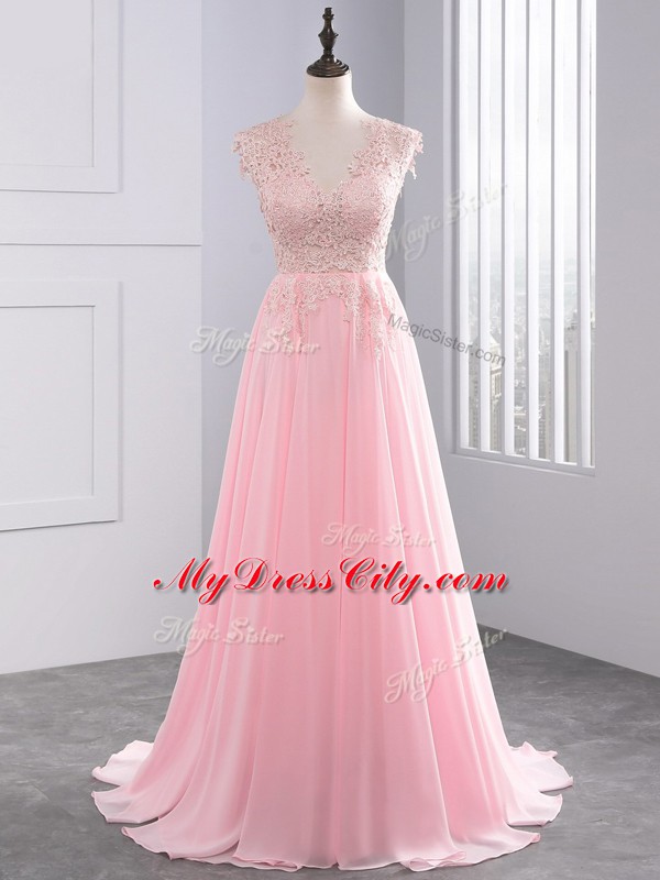 Delicate Chiffon V-neck Sleeveless Brush Train Side Zipper Lace and Appliques Prom Party Dress in Baby Pink