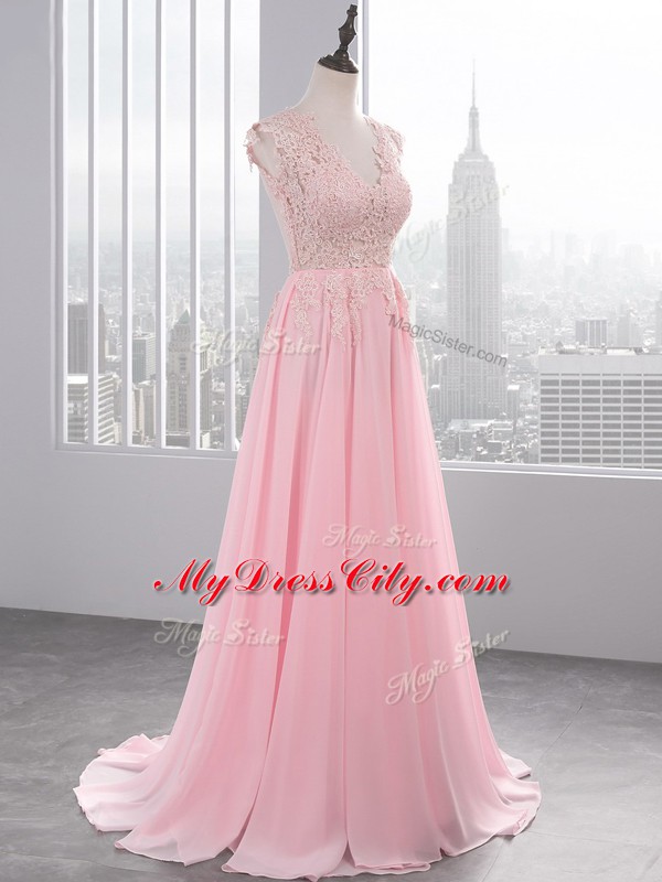 Delicate Chiffon V-neck Sleeveless Brush Train Side Zipper Lace and Appliques Prom Party Dress in Baby Pink