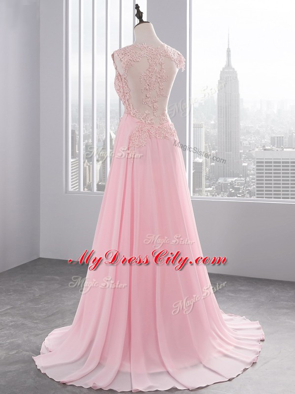 Delicate Chiffon V-neck Sleeveless Brush Train Side Zipper Lace and Appliques Prom Party Dress in Baby Pink