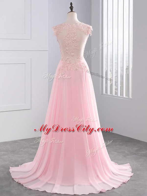 Delicate Chiffon V-neck Sleeveless Brush Train Side Zipper Lace and Appliques Prom Party Dress in Baby Pink