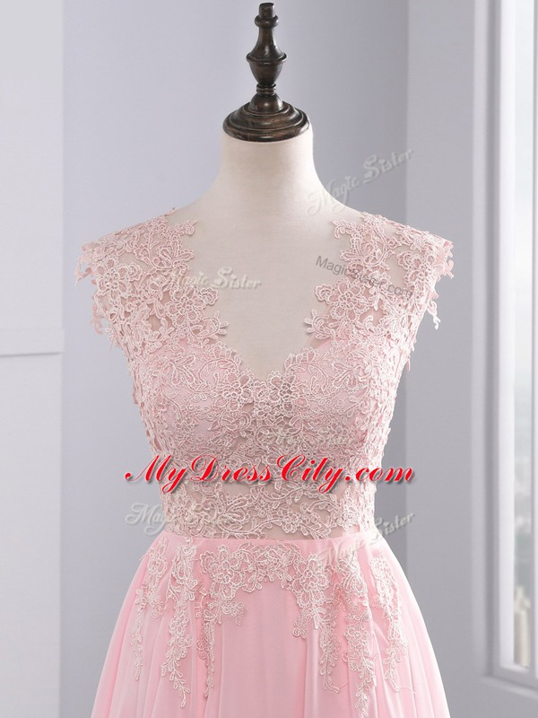 Delicate Chiffon V-neck Sleeveless Brush Train Side Zipper Lace and Appliques Prom Party Dress in Baby Pink