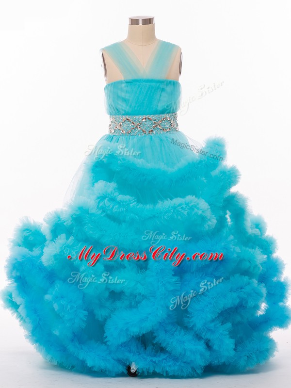 Most Popular V-neck Sleeveless Little Girl Pageant Gowns Floor Length Beading and Hand Made Flower Baby Blue Tulle