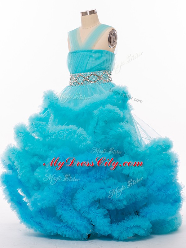 Most Popular V-neck Sleeveless Little Girl Pageant Gowns Floor Length Beading and Hand Made Flower Baby Blue Tulle