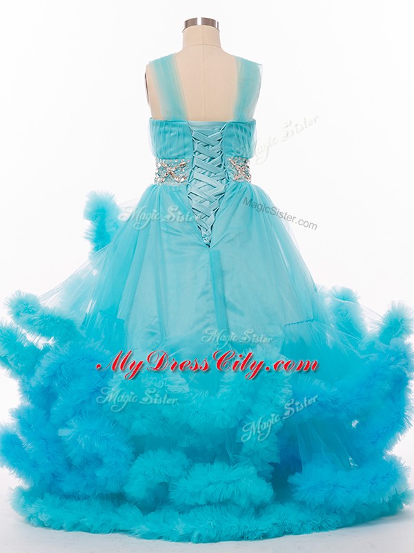 Most Popular V-neck Sleeveless Little Girl Pageant Gowns Floor Length Beading and Hand Made Flower Baby Blue Tulle