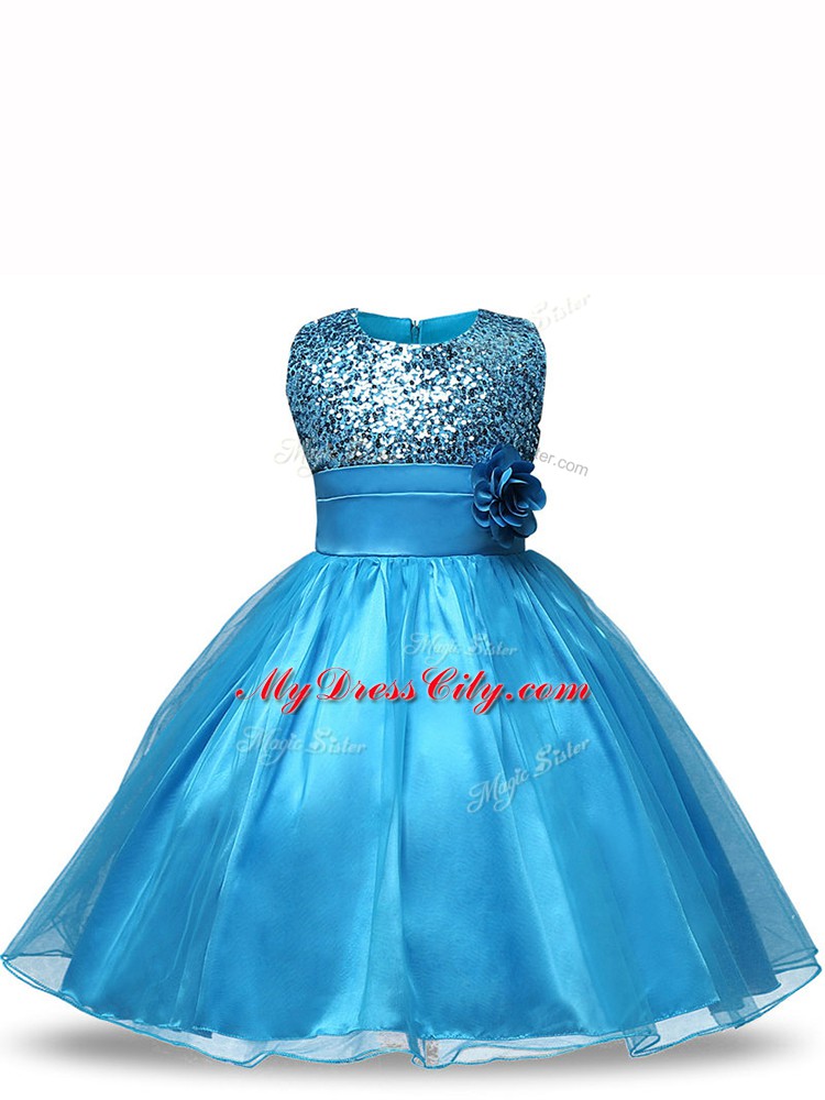 Baby Blue Scoop Neckline Sequins and Hand Made Flower Flower Girl Dress Sleeveless Zipper