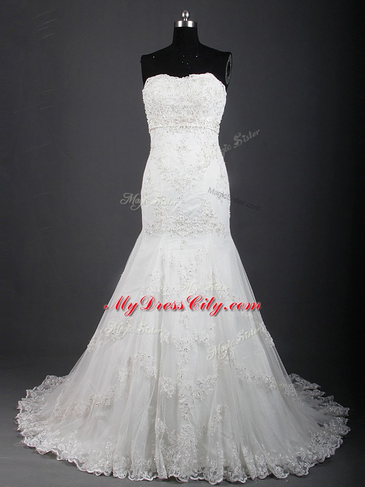 Custom Designed Sweetheart Sleeveless Wedding Dress Brush Train Lace White Tulle