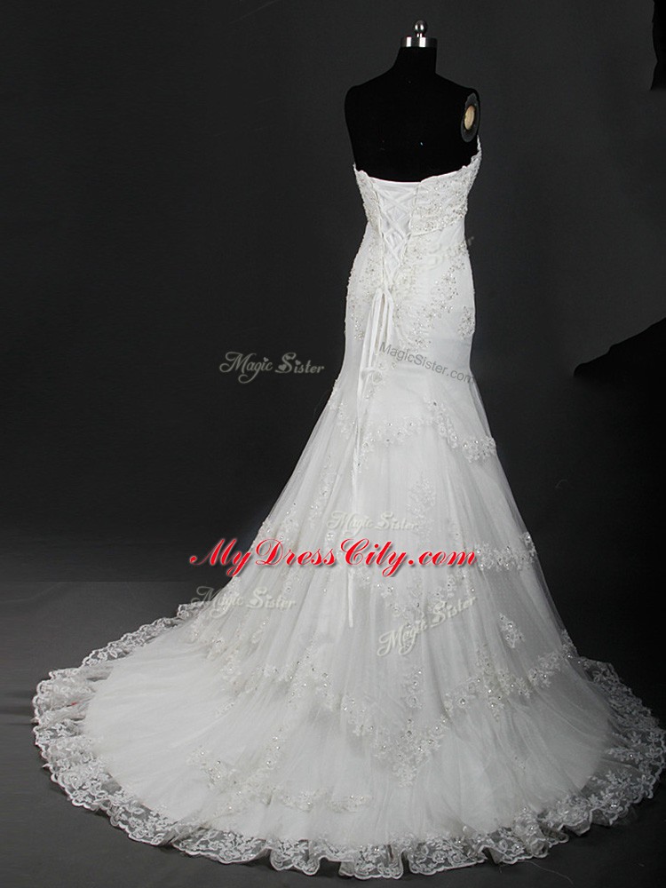 Custom Designed Sweetheart Sleeveless Wedding Dress Brush Train Lace White Tulle