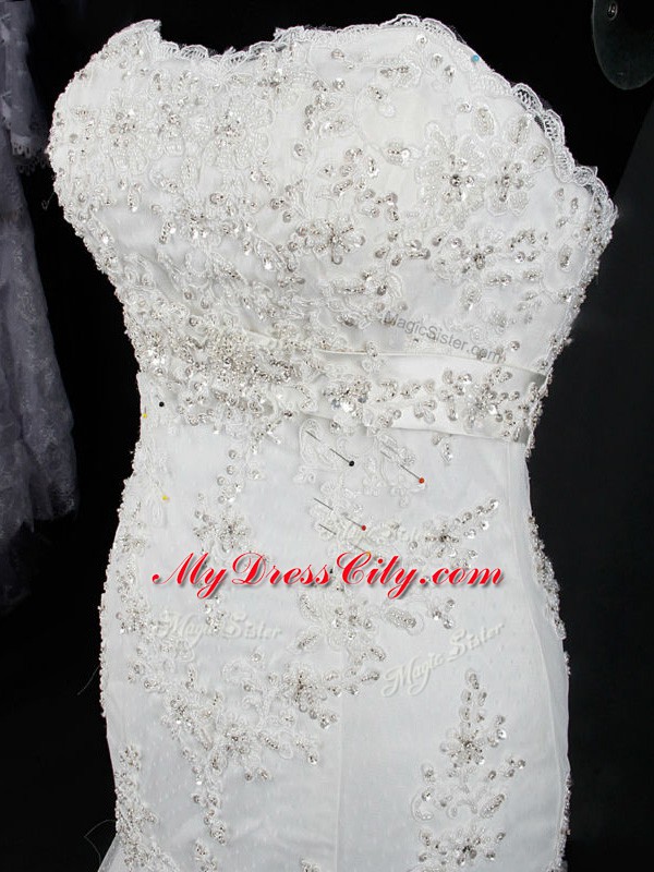 Custom Designed Sweetheart Sleeveless Wedding Dress Brush Train Lace White Tulle