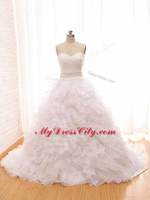 Fine Ball Gowns Sleeveless White Wedding Dresses Brush Train Lace Up