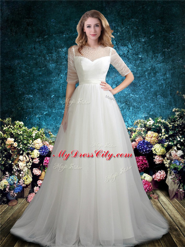 Beading Wedding Gowns White Zipper Half Sleeves Brush Train