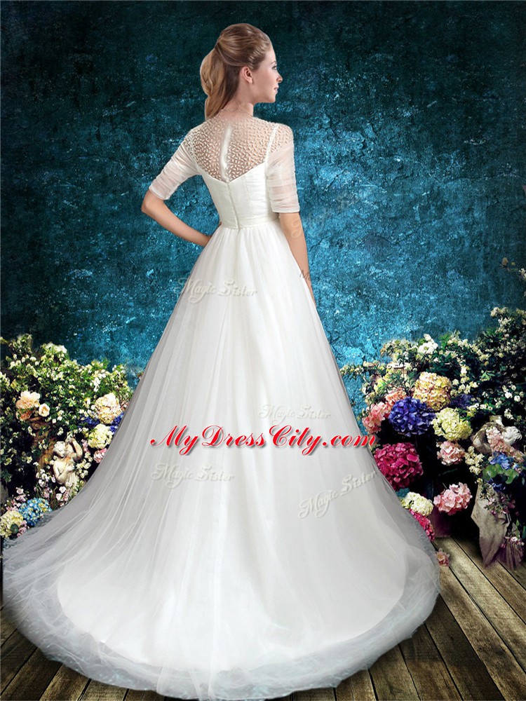 Beading Wedding Gowns White Zipper Half Sleeves Brush Train