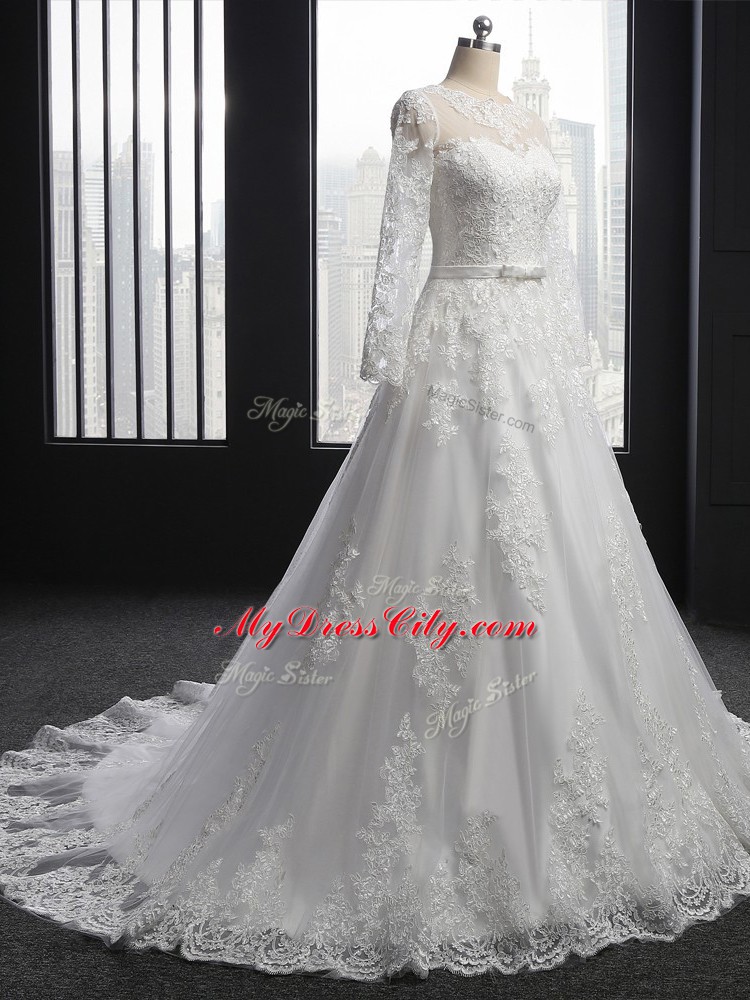 Artistic Scoop Long Sleeves Brush Train Lace Up Wedding Gown White Tulle