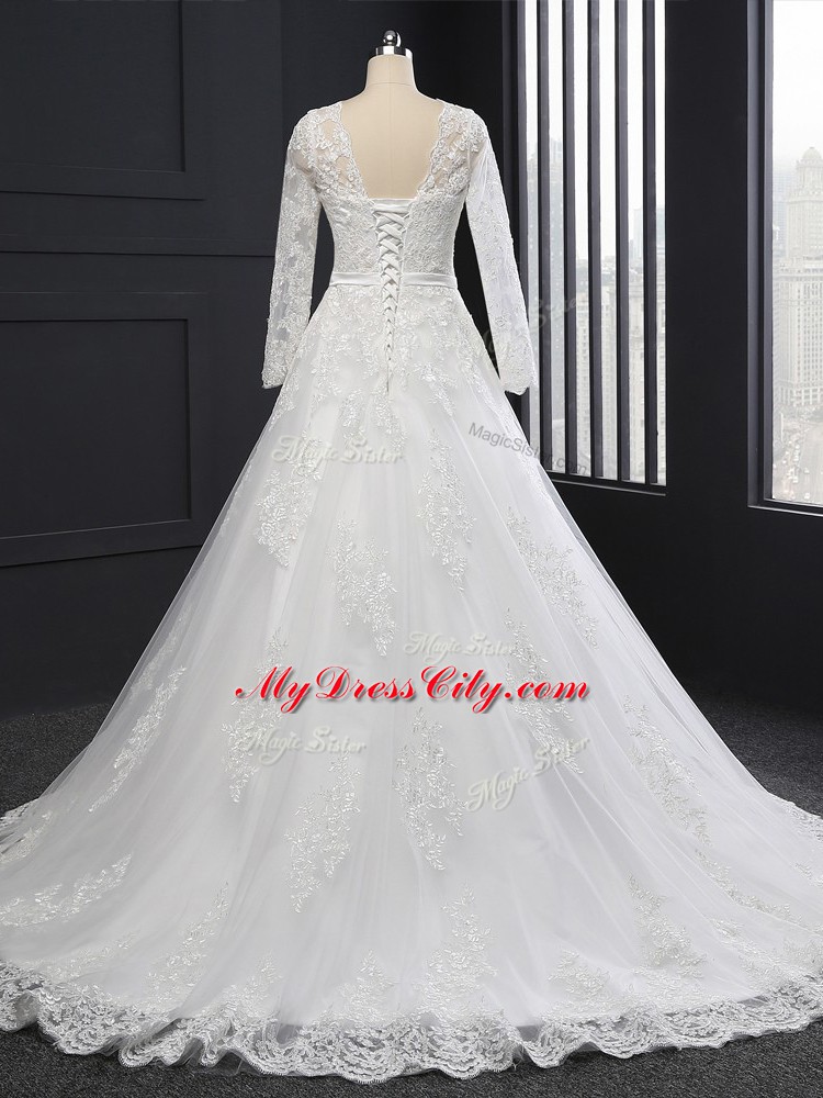 Artistic Scoop Long Sleeves Brush Train Lace Up Wedding Gown White Tulle