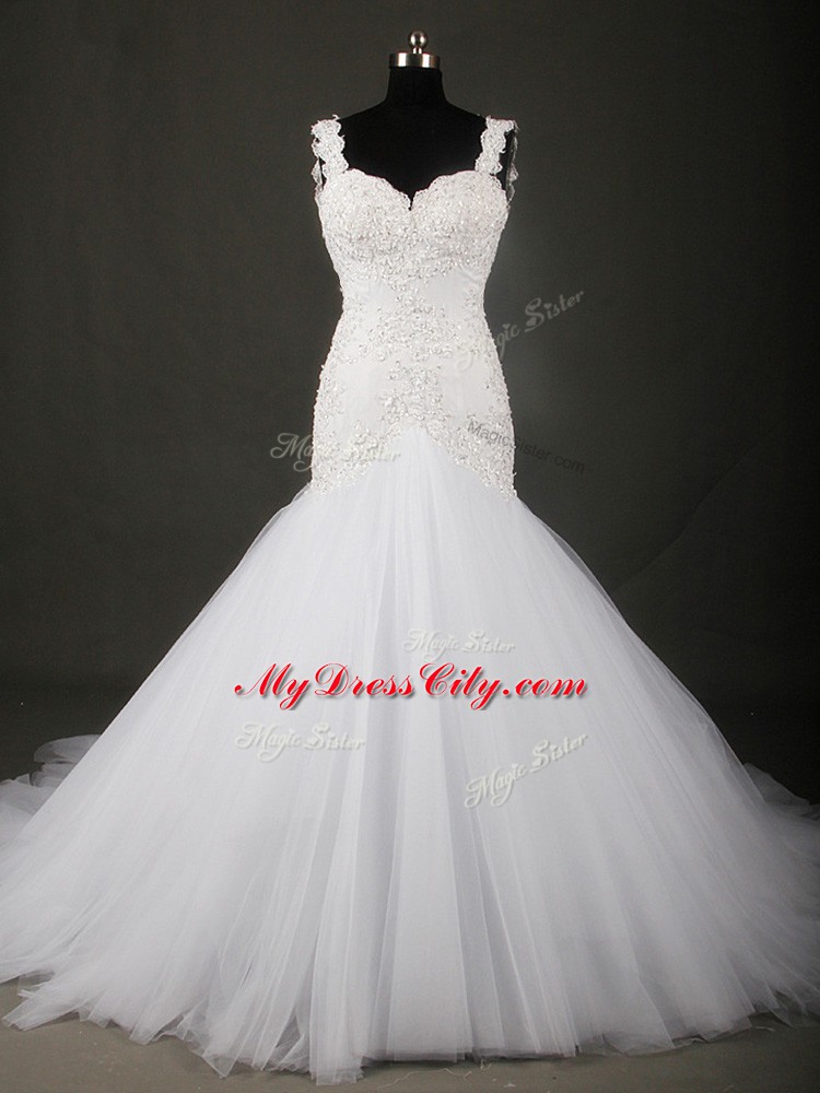 Nice Straps Sleeveless Wedding Dresses Court Train Beading and Lace White Tulle