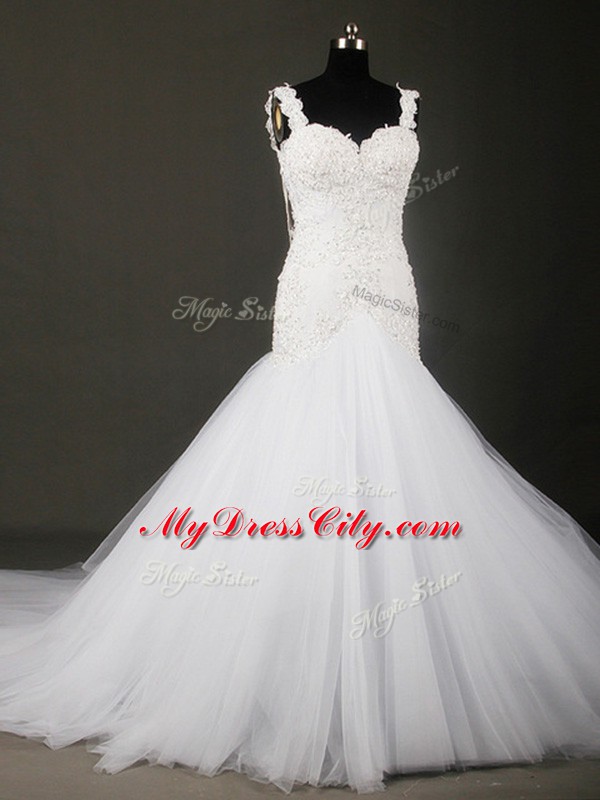 Nice Straps Sleeveless Wedding Dresses Court Train Beading and Lace White Tulle