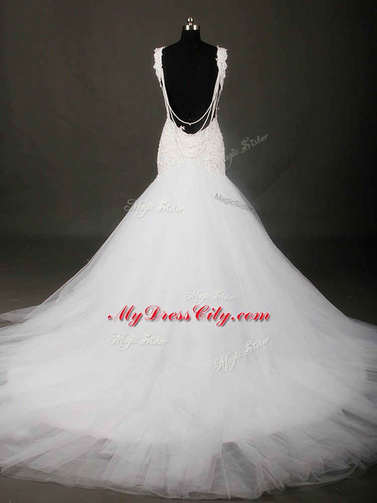 Nice Straps Sleeveless Wedding Dresses Court Train Beading and Lace White Tulle