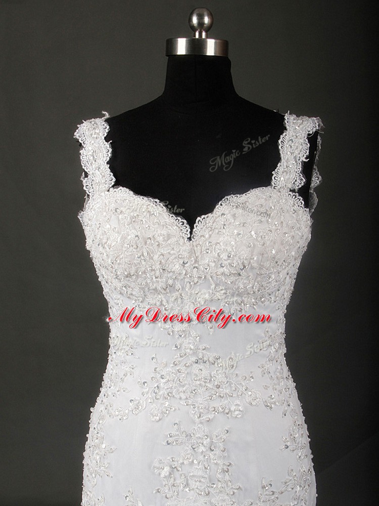 Nice Straps Sleeveless Wedding Dresses Court Train Beading and Lace White Tulle