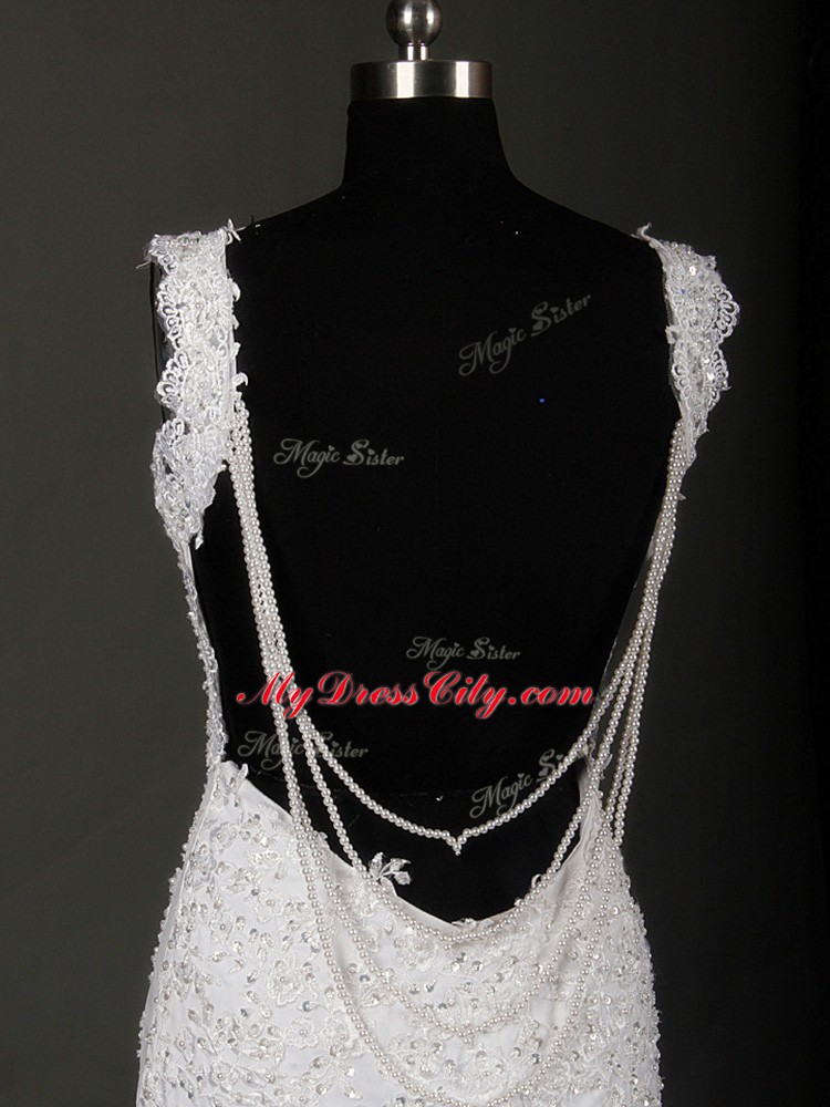 Nice Straps Sleeveless Wedding Dresses Court Train Beading and Lace White Tulle