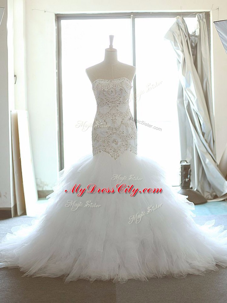 Sleeveless Beading and Ruffles Lace Up Wedding Gowns with White Brush Train