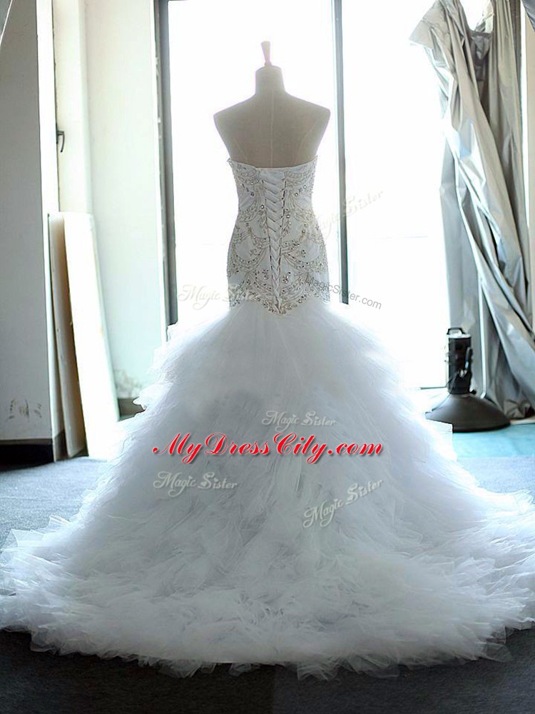 Sleeveless Beading and Ruffles Lace Up Wedding Gowns with White Brush Train