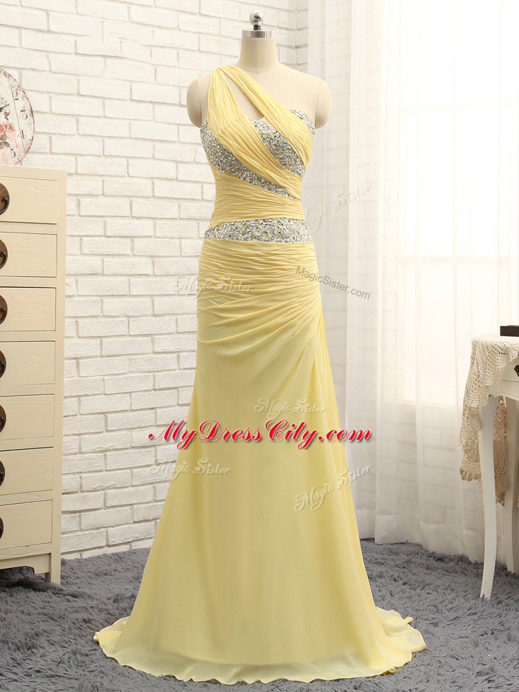 Fantastic Floor Length Zipper Prom Dress Yellow for Prom and Party and Military Ball with Beading and Ruching Brush Train