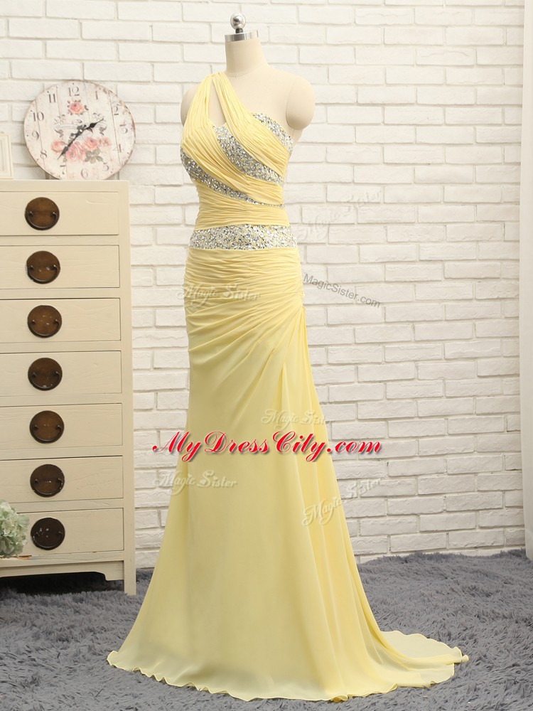 Fantastic Floor Length Zipper Prom Dress Yellow for Prom and Party and Military Ball with Beading and Ruching Brush Train