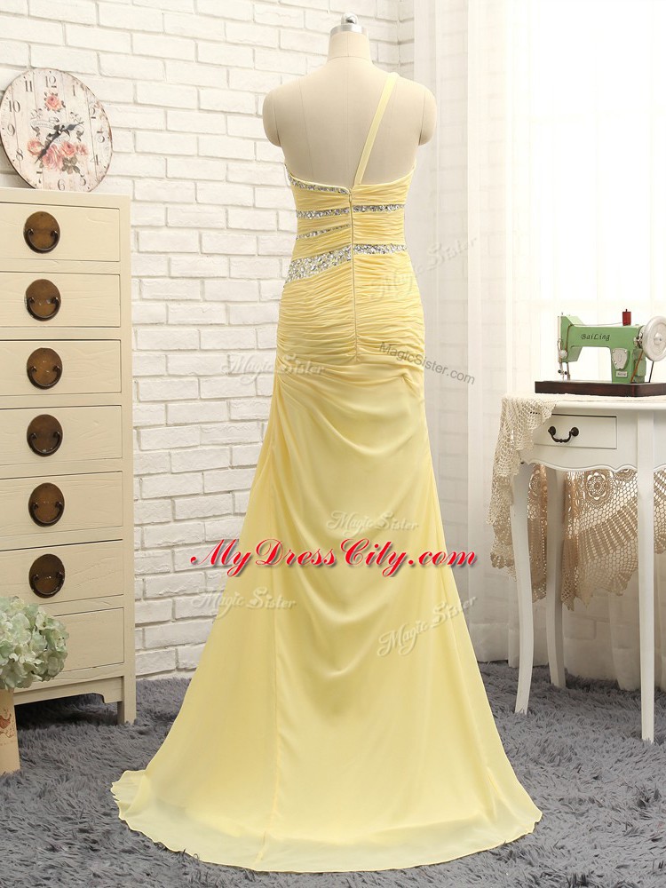 Fantastic Floor Length Zipper Prom Dress Yellow for Prom and Party and Military Ball with Beading and Ruching Brush Train