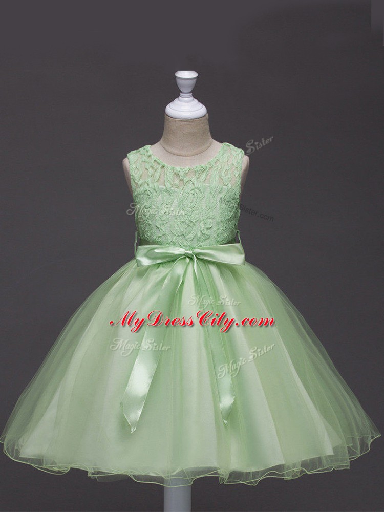 Most Popular Yellow Green Zipper Scoop Lace and Belt Flower Girl Dresses for Less Tulle Sleeveless