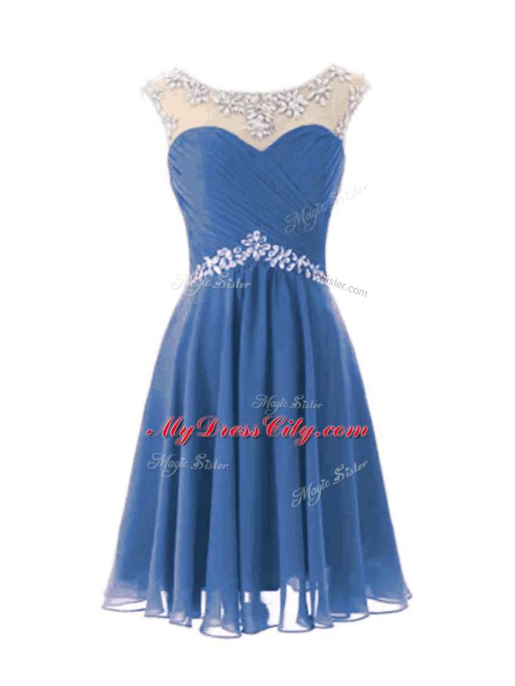 Blue A-line Scoop Cap Sleeves Chiffon Knee Length Zipper Beading Cocktail Dress