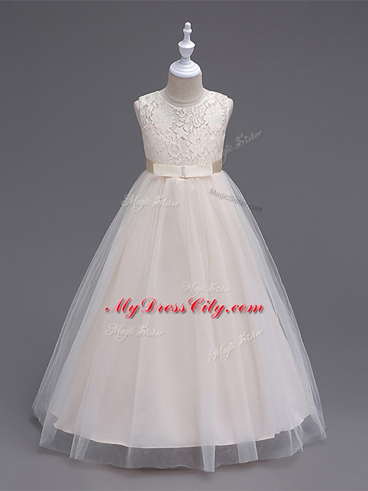 A-line Flower Girl Dresses for Less Champagne Scoop Tulle Sleeveless Floor Length Zipper