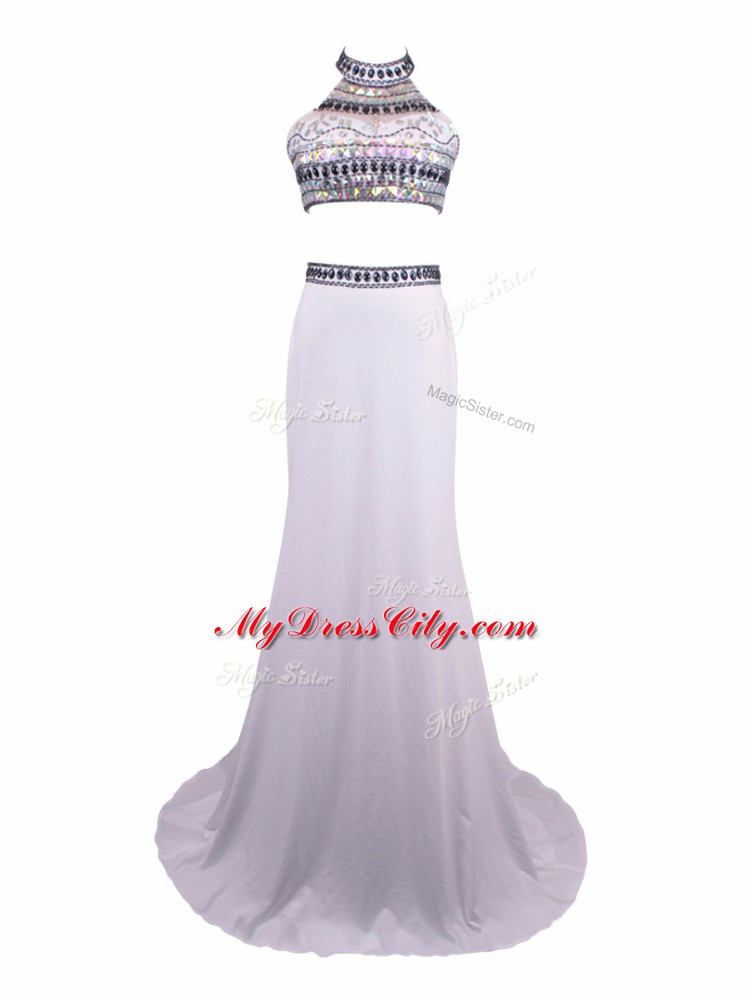 Chiffon Halter Top Sleeveless Brush Train Zipper Beading Pageant Dress Womens in White