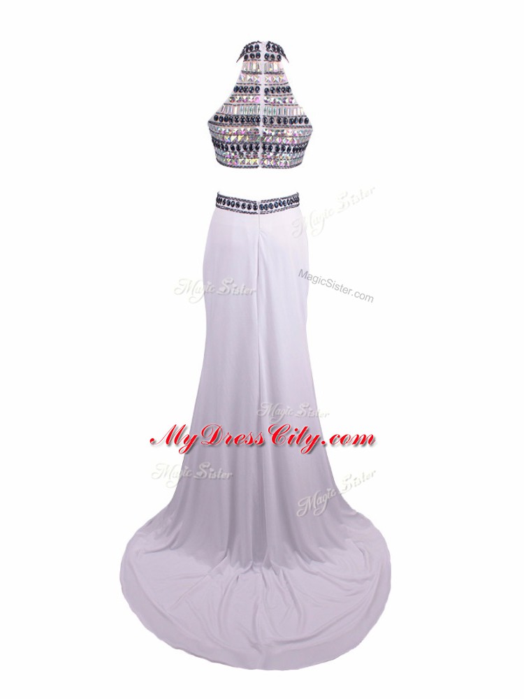 Chiffon Halter Top Sleeveless Brush Train Zipper Beading Pageant Dress Womens in White