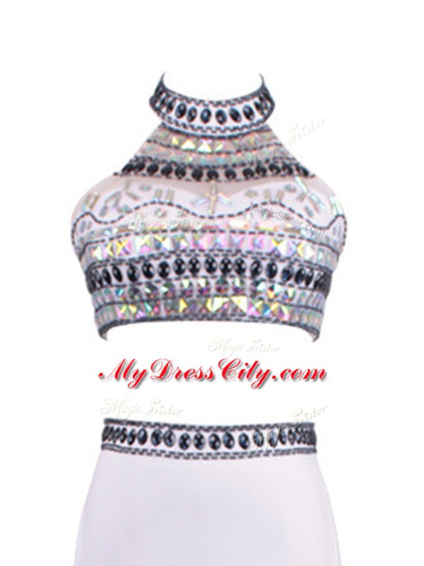 Chiffon Halter Top Sleeveless Brush Train Zipper Beading Pageant Dress Womens in White