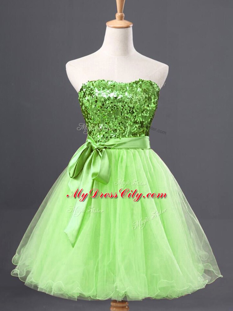 Yellow Green Sleeveless Mini Length Sashes ribbons and Sequins Zipper Evening Dress