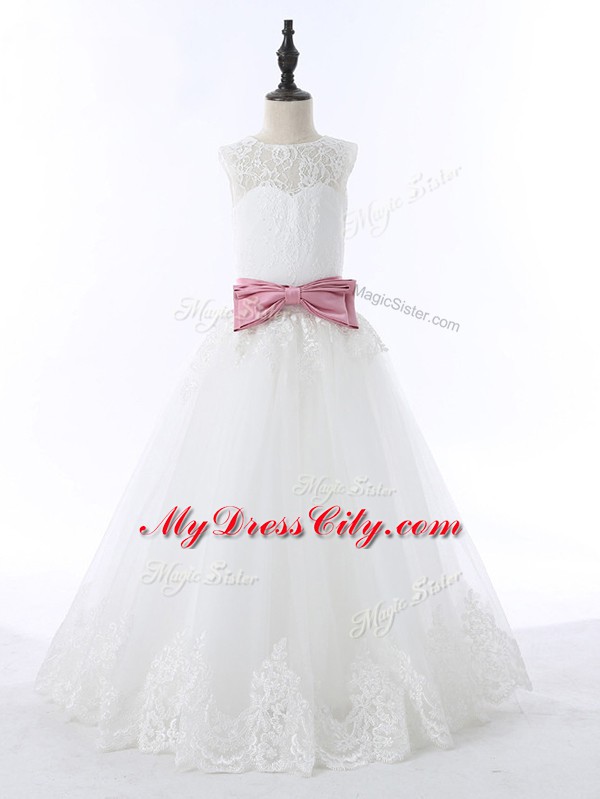 On Sale Sleeveless Zipper Floor Length Lace and Bowknot Flower Girl Dresses for Less