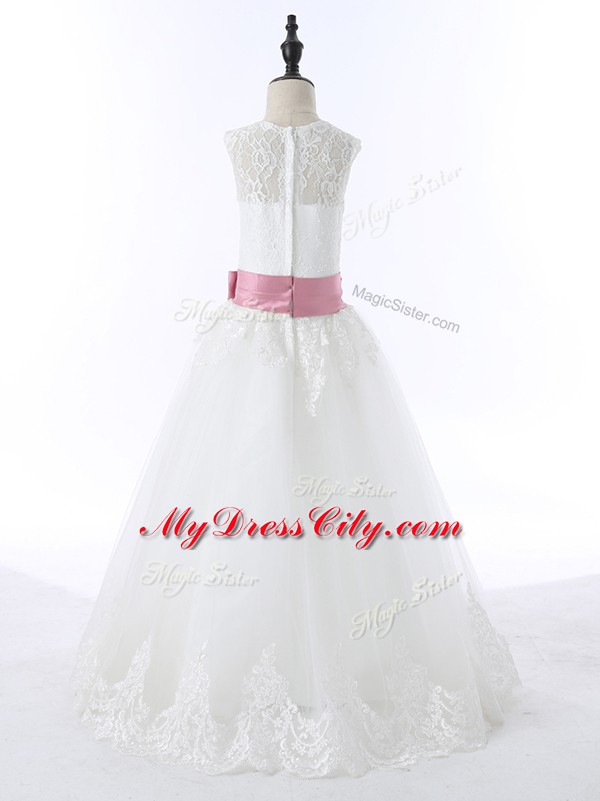 On Sale Sleeveless Zipper Floor Length Lace and Bowknot Flower Girl Dresses for Less