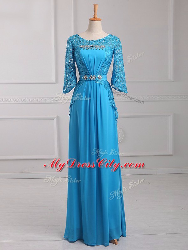 High End Baby Blue Mother Dresses Prom and Military Ball and Beach with Beading and Lace and Belt Scoop 3 4 Length Sleeve Zipper