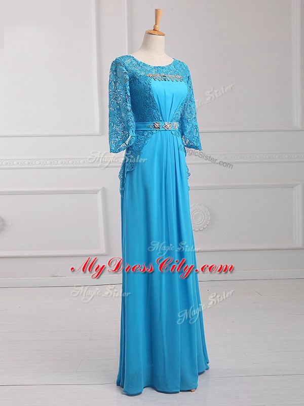 High End Baby Blue Mother Dresses Prom and Military Ball and Beach with Beading and Lace and Belt Scoop 3 4 Length Sleeve Zipper