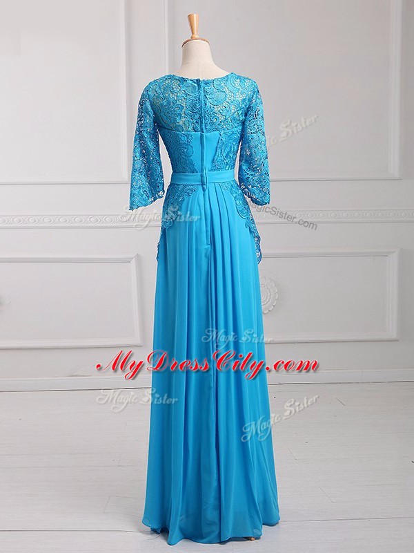 High End Baby Blue Mother Dresses Prom and Military Ball and Beach with Beading and Lace and Belt Scoop 3 4 Length Sleeve Zipper