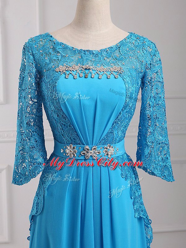 High End Baby Blue Mother Dresses Prom and Military Ball and Beach with Beading and Lace and Belt Scoop 3 4 Length Sleeve Zipper