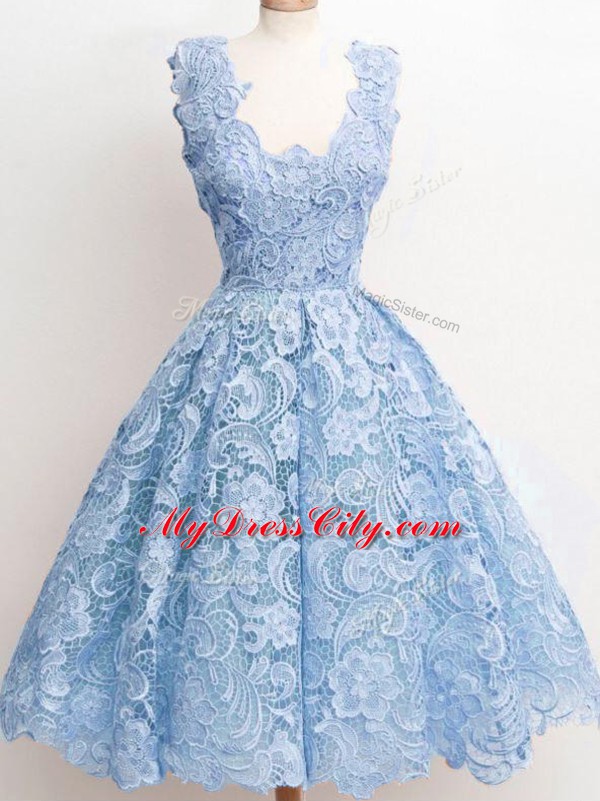 Light Blue A-line Lace Straps Sleeveless Lace Knee Length Zipper Quinceanera Dama Dress