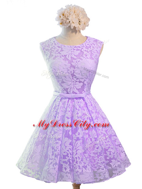 Lace Scoop Sleeveless Lace Up Belt Wedding Guest Dresses in Lavender