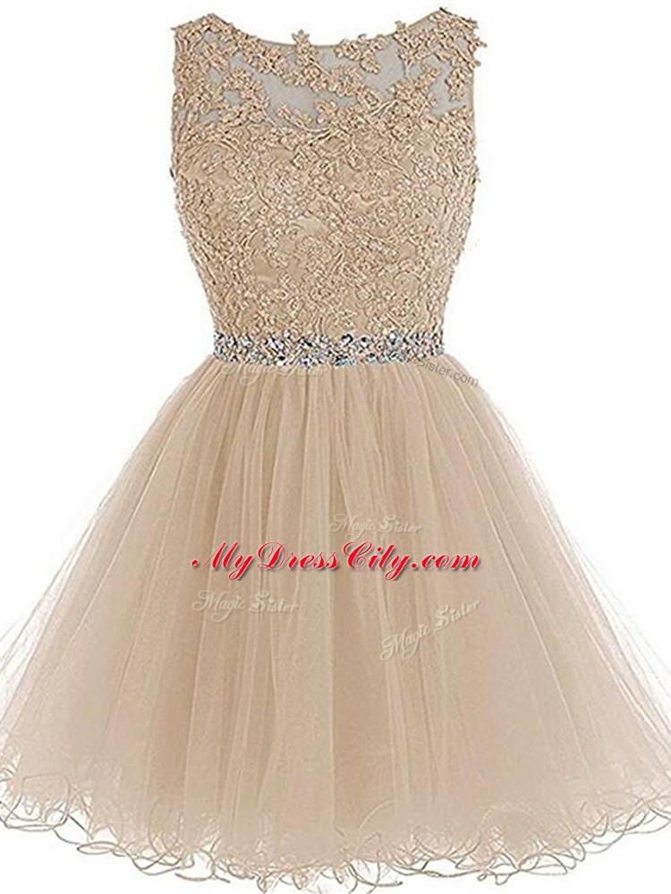 Scoop Sleeveless Pageant Dress for Teens Mini Length Beading and Lace and Appliques Champagne Tulle