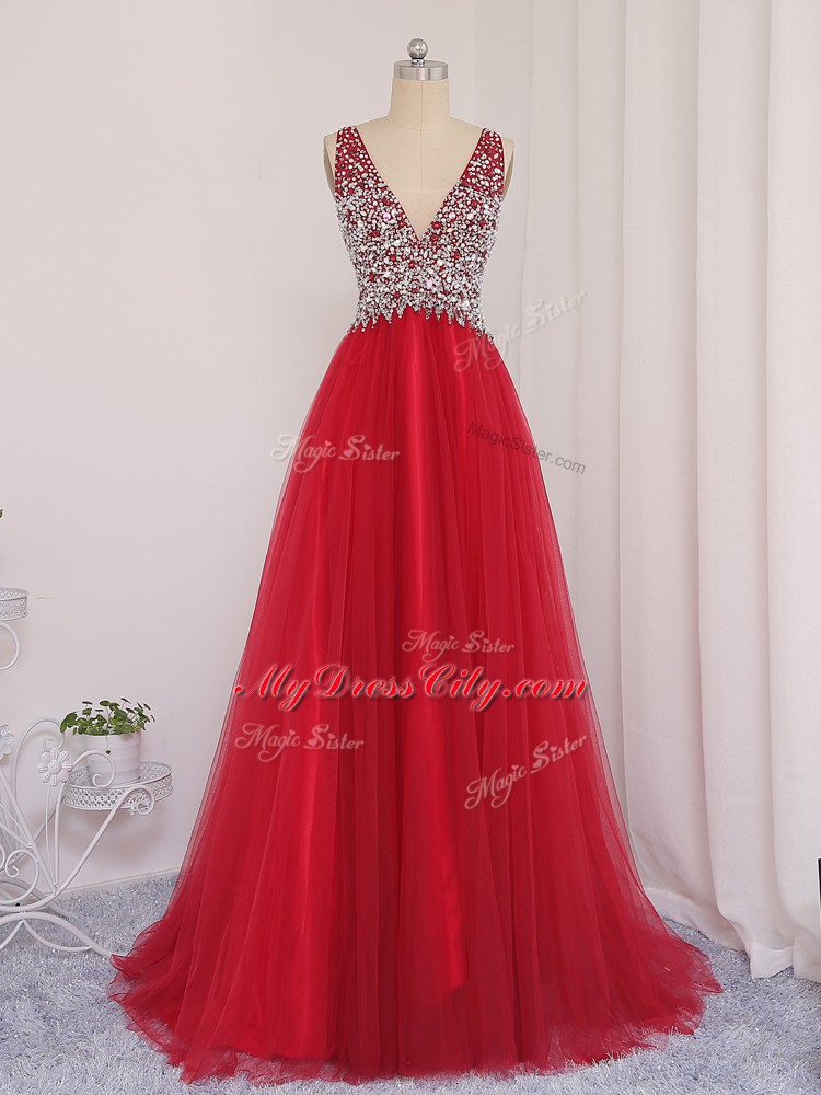 Beading Prom Gown Red Backless Sleeveless Brush Train