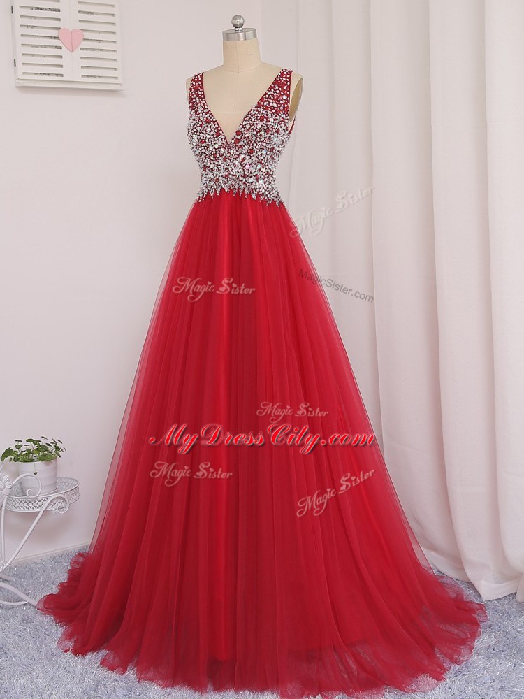 Beading Prom Gown Red Backless Sleeveless Brush Train