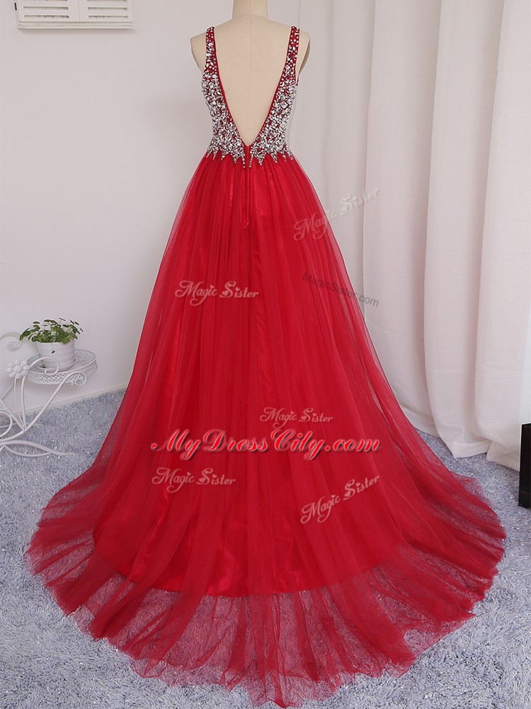 Beading Prom Gown Red Backless Sleeveless Brush Train