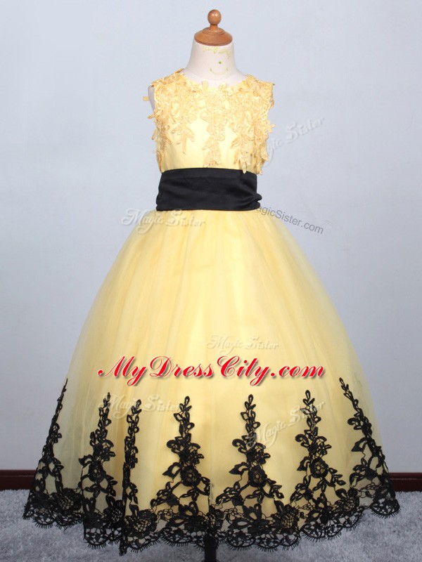 Yellow Lace Up Flower Girl Dress Appliques Sleeveless Floor Length